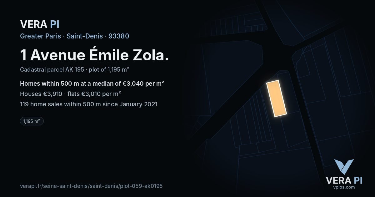 1 Avenue Émile Zola, Saint-Denis at night – the plot lit, the parcels around coloured by the prices near them