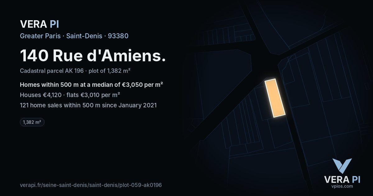140 Rue d'Amiens, Saint-Denis at night – the plot lit, the parcels around coloured by the prices near them