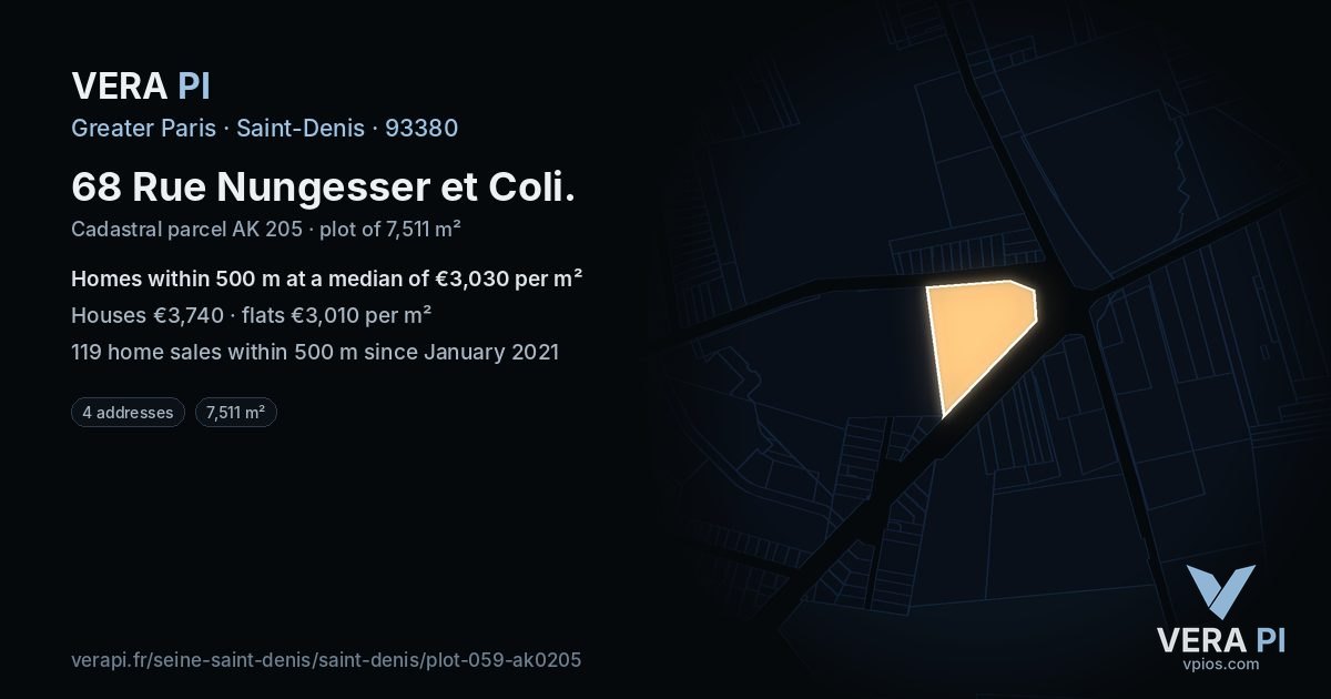 68 Rue Nungesser et Coli, Saint-Denis at night – the plot lit, the parcels around coloured by the prices near them