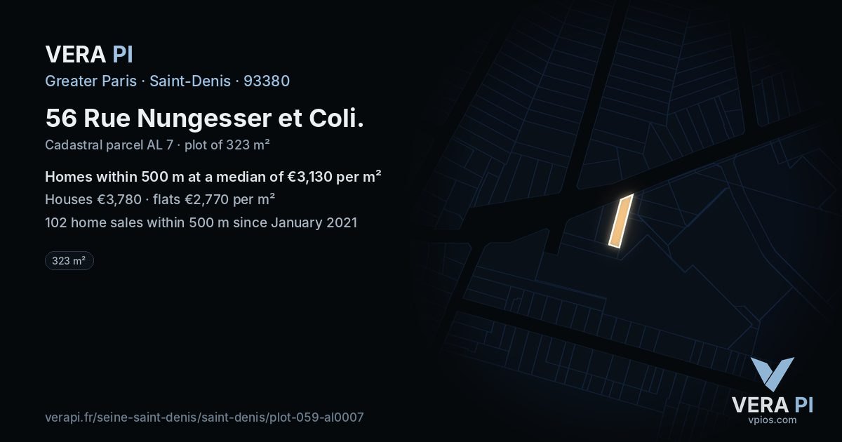 56 Rue Nungesser et Coli, Saint-Denis at night – the plot lit, the parcels around coloured by the prices near them