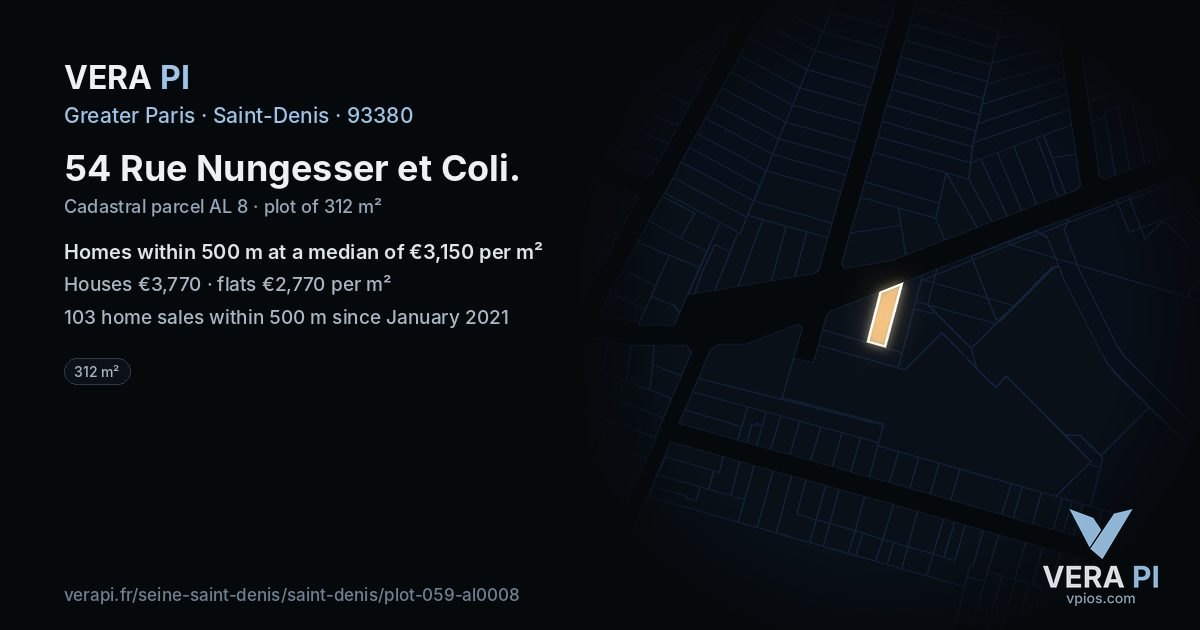 54 Rue Nungesser et Coli, Saint-Denis at night – the plot lit, the parcels around coloured by the prices near them