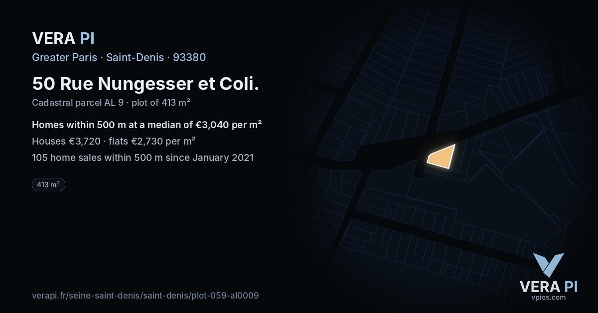 50 Rue Nungesser et Coli, Saint-Denis at night – the plot lit, the parcels around coloured by the prices near them
