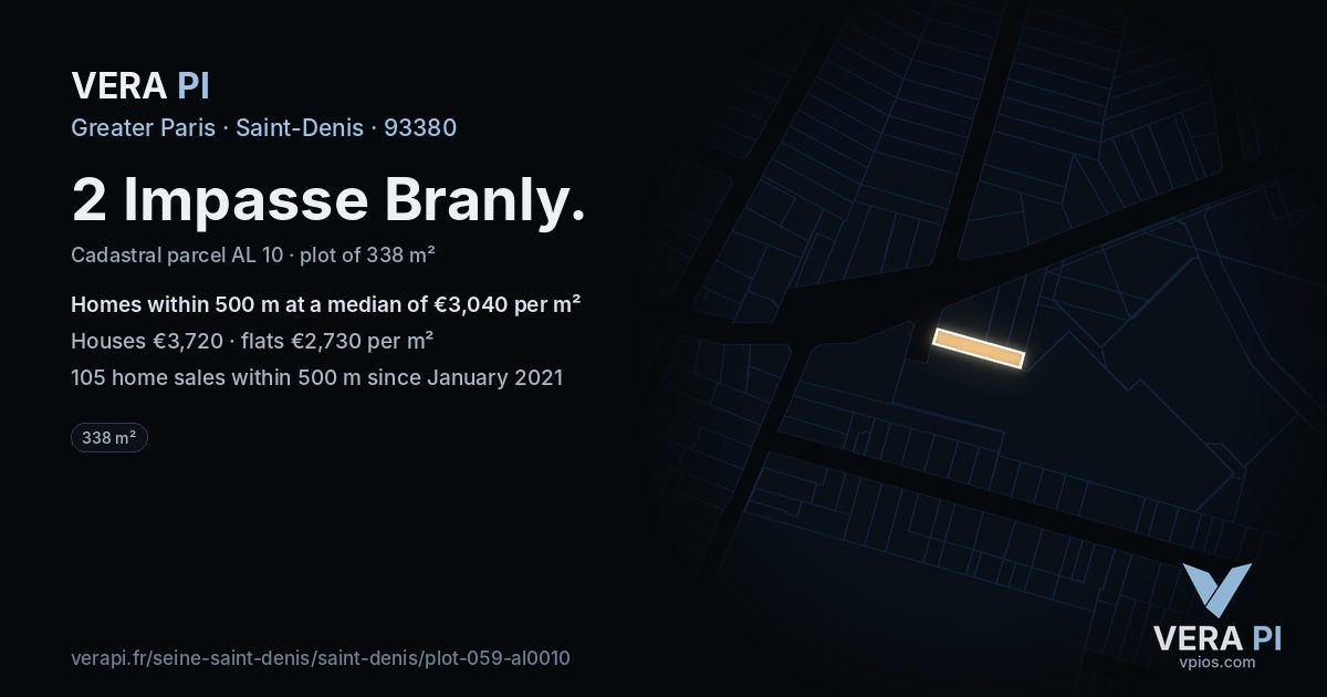 2 Impasse Branly, Saint-Denis at night – the plot lit, the parcels around coloured by the prices near them