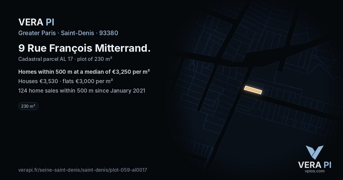 9 Rue François Mitterrand, Saint-Denis at night – the plot lit, the parcels around coloured by the prices near them