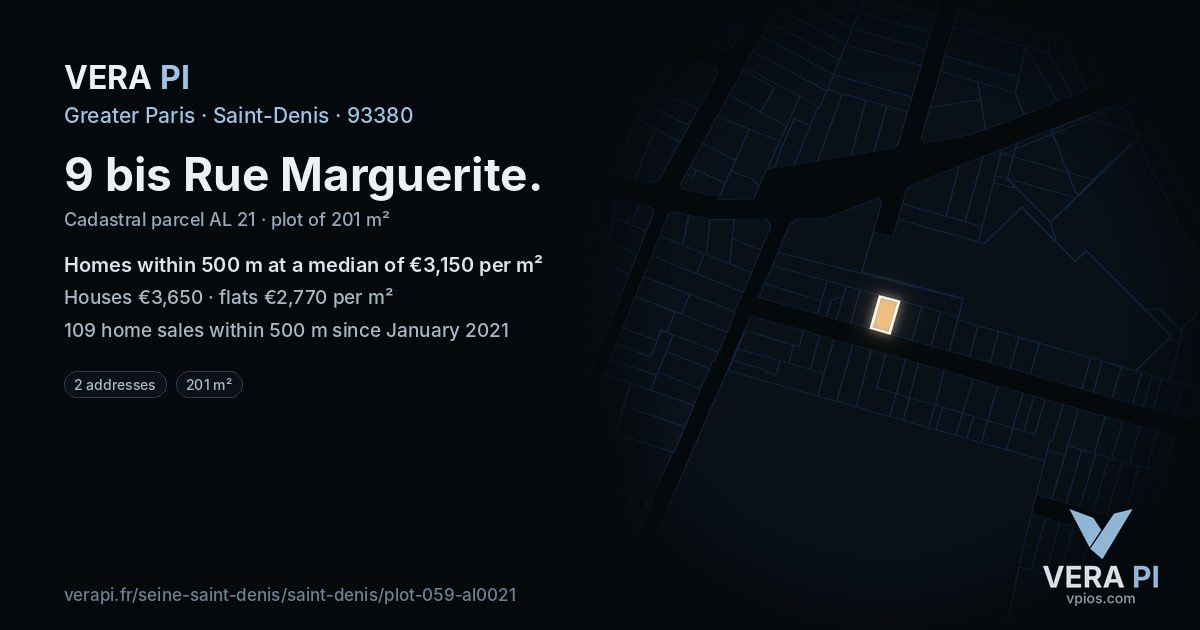 9 bis Rue Marguerite, Saint-Denis at night – the plot lit, the parcels around coloured by the prices near them