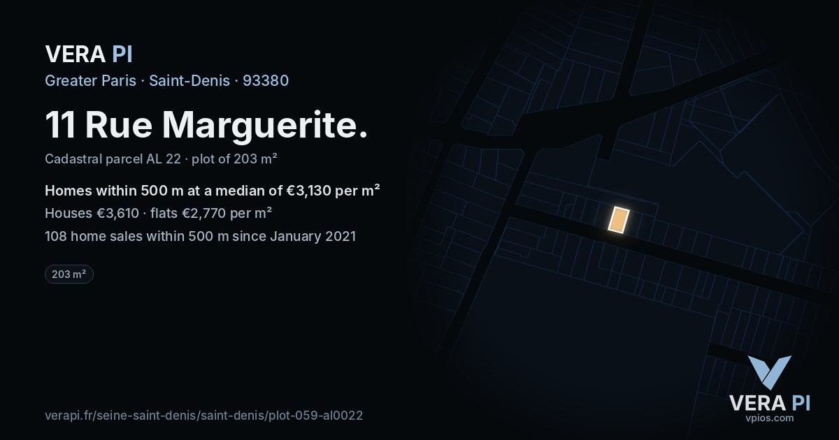11 Rue Marguerite, Saint-Denis at night – the plot lit, the parcels around coloured by the prices near them