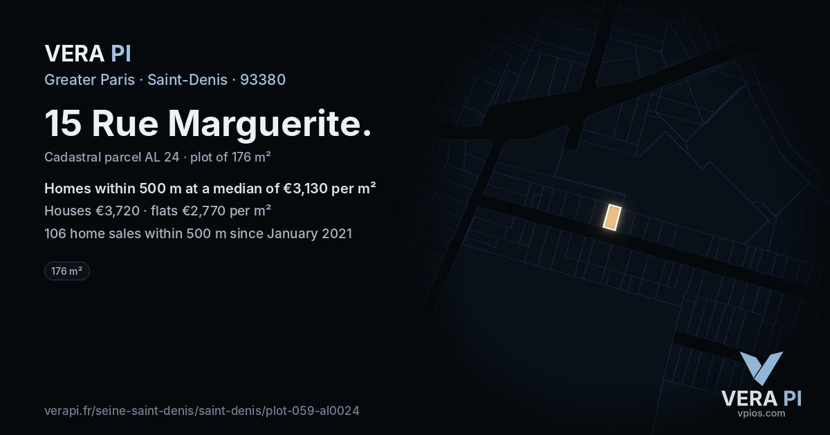 15 Rue Marguerite, Saint-Denis at night – the plot lit, the parcels around coloured by the prices near them
