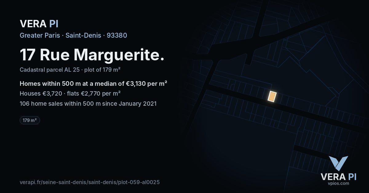 17 Rue Marguerite, Saint-Denis at night – the plot lit, the parcels around coloured by the prices near them