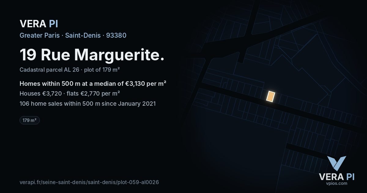 19 Rue Marguerite, Saint-Denis at night – the plot lit, the parcels around coloured by the prices near them