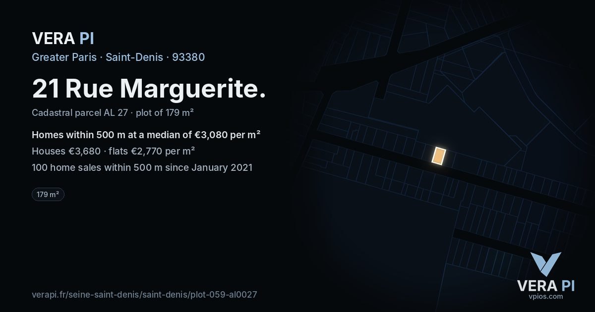 21 Rue Marguerite, Saint-Denis at night – the plot lit, the parcels around coloured by the prices near them