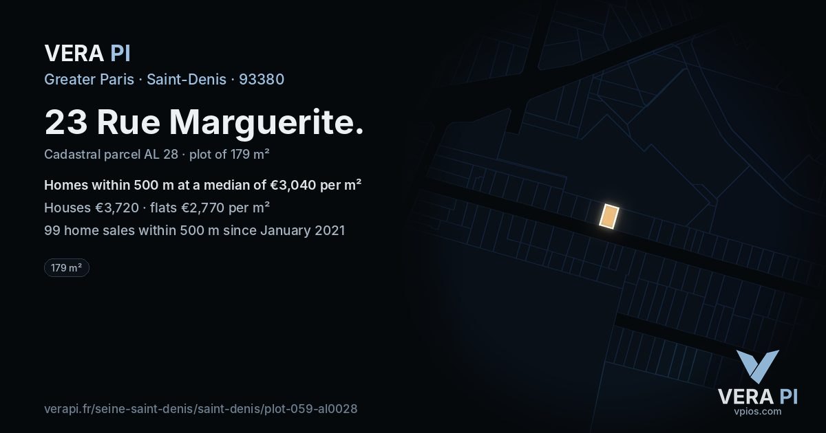 23 Rue Marguerite, Saint-Denis at night – the plot lit, the parcels around coloured by the prices near them