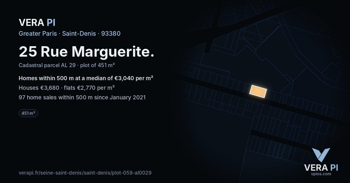 25 Rue Marguerite, Saint-Denis at night – the plot lit, the parcels around coloured by the prices near them