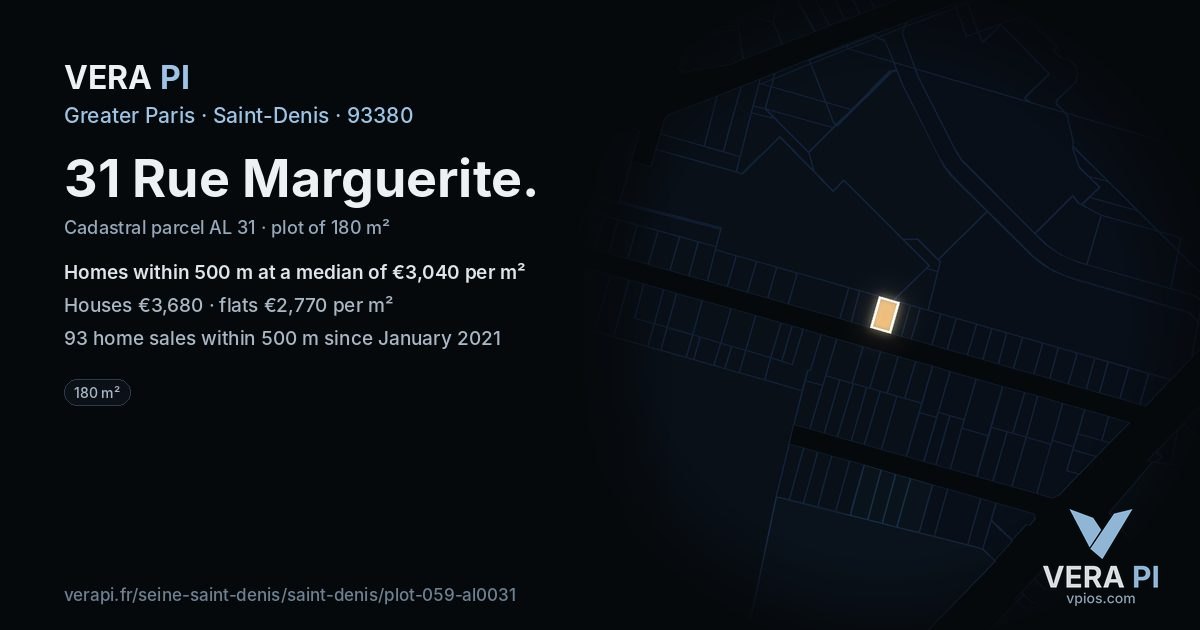 31 Rue Marguerite, Saint-Denis at night – the plot lit, the parcels around coloured by the prices near them