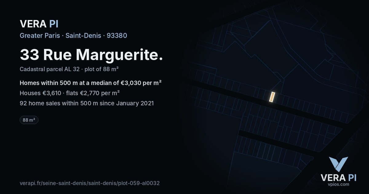 33 Rue Marguerite, Saint-Denis at night – the plot lit, the parcels around coloured by the prices near them