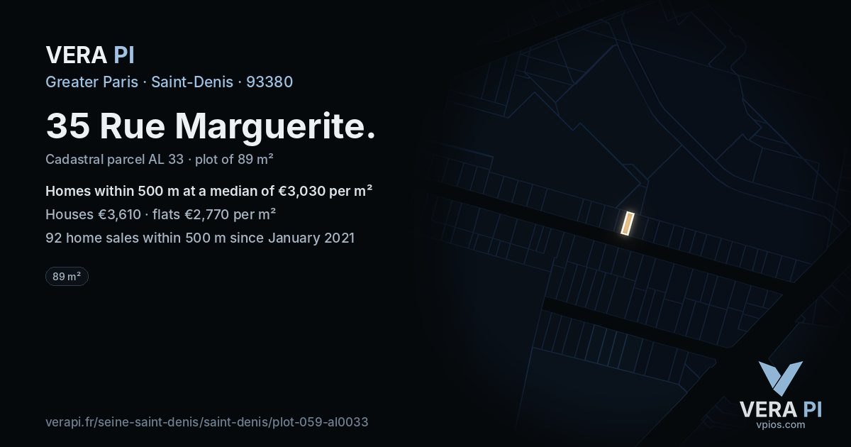 35 Rue Marguerite, Saint-Denis at night – the plot lit, the parcels around coloured by the prices near them
