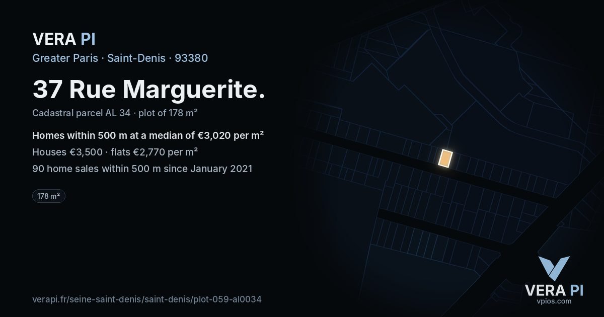 37 Rue Marguerite, Saint-Denis at night – the plot lit, the parcels around coloured by the prices near them