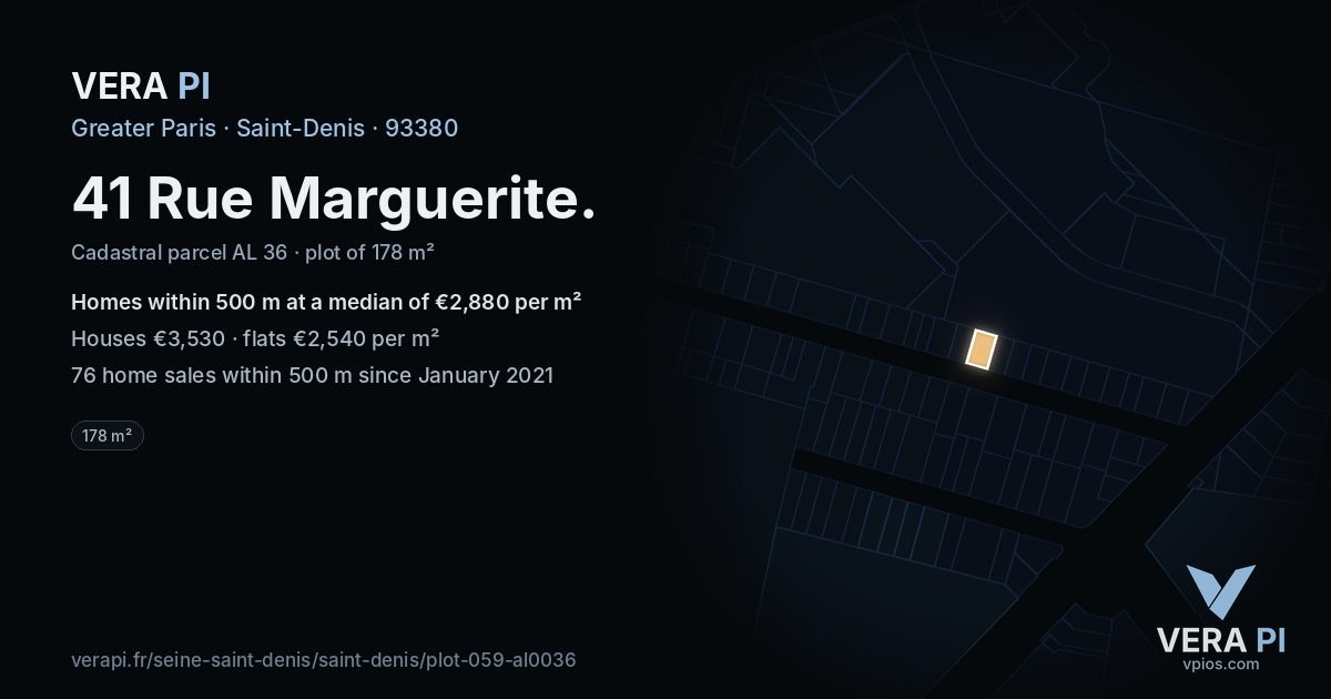 41 Rue Marguerite, Saint-Denis at night – the plot lit, the parcels around coloured by the prices near them