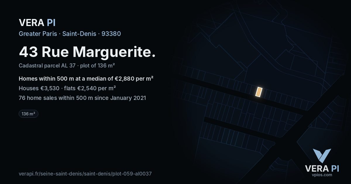 43 Rue Marguerite, Saint-Denis at night – the plot lit, the parcels around coloured by the prices near them