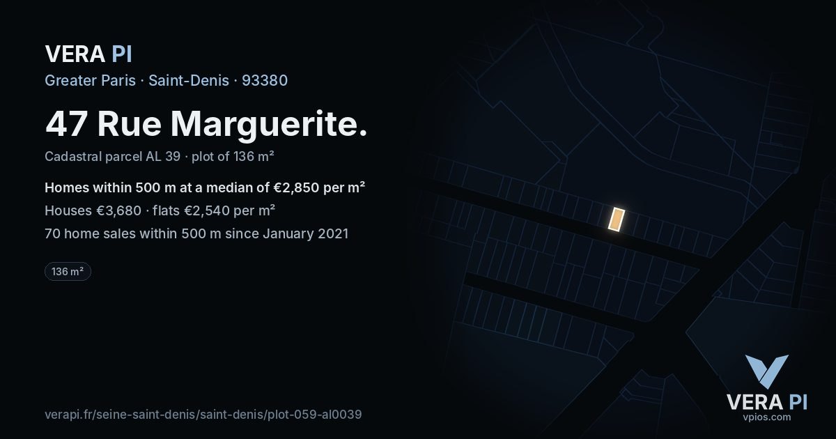 47 Rue Marguerite, Saint-Denis at night – the plot lit, the parcels around coloured by the prices near them