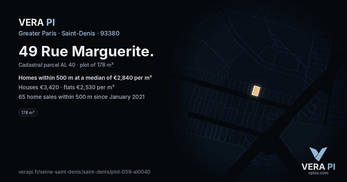 49 Rue Marguerite, Saint-Denis at night – the plot lit, the parcels around coloured by the prices near them