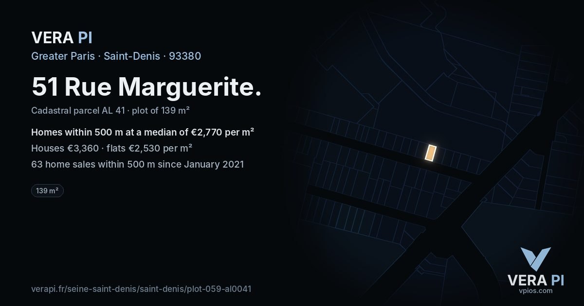 51 Rue Marguerite, Saint-Denis at night – the plot lit, the parcels around coloured by the prices near them
