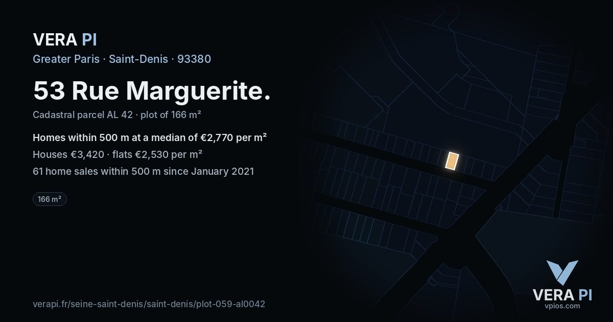 53 Rue Marguerite, Saint-Denis at night – the plot lit, the parcels around coloured by the prices near them