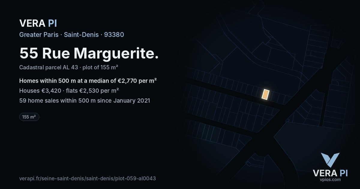 55 Rue Marguerite, Saint-Denis at night – the plot lit, the parcels around coloured by the prices near them