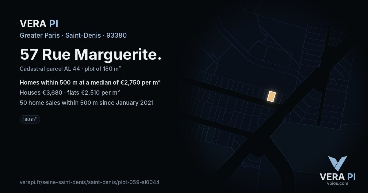 57 Rue Marguerite, Saint-Denis at night – the plot lit, the parcels around coloured by the prices near them