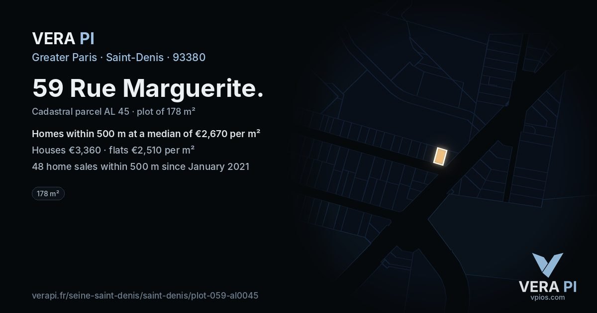 59 Rue Marguerite, Saint-Denis at night – the plot lit, the parcels around coloured by the prices near them