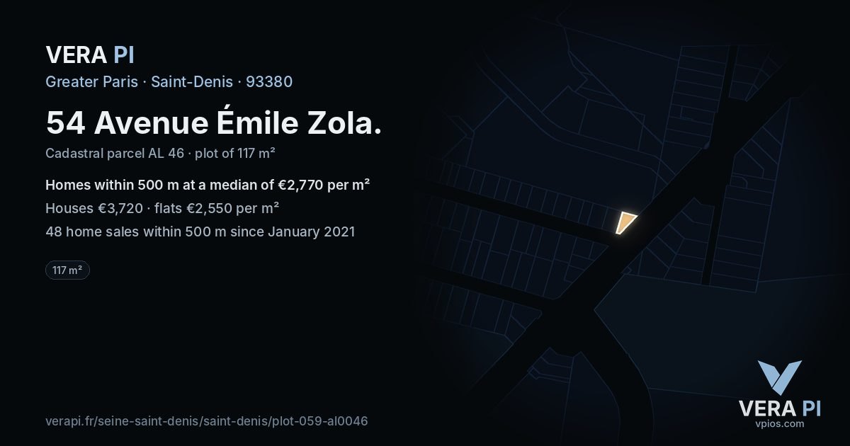 54 Avenue Émile Zola, Saint-Denis at night – the plot lit, the parcels around coloured by the prices near them