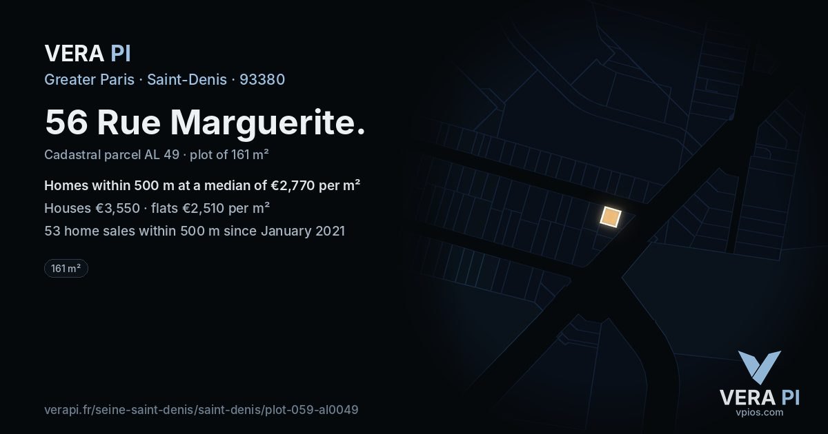 56 Rue Marguerite, Saint-Denis at night – the plot lit, the parcels around coloured by the prices near them
