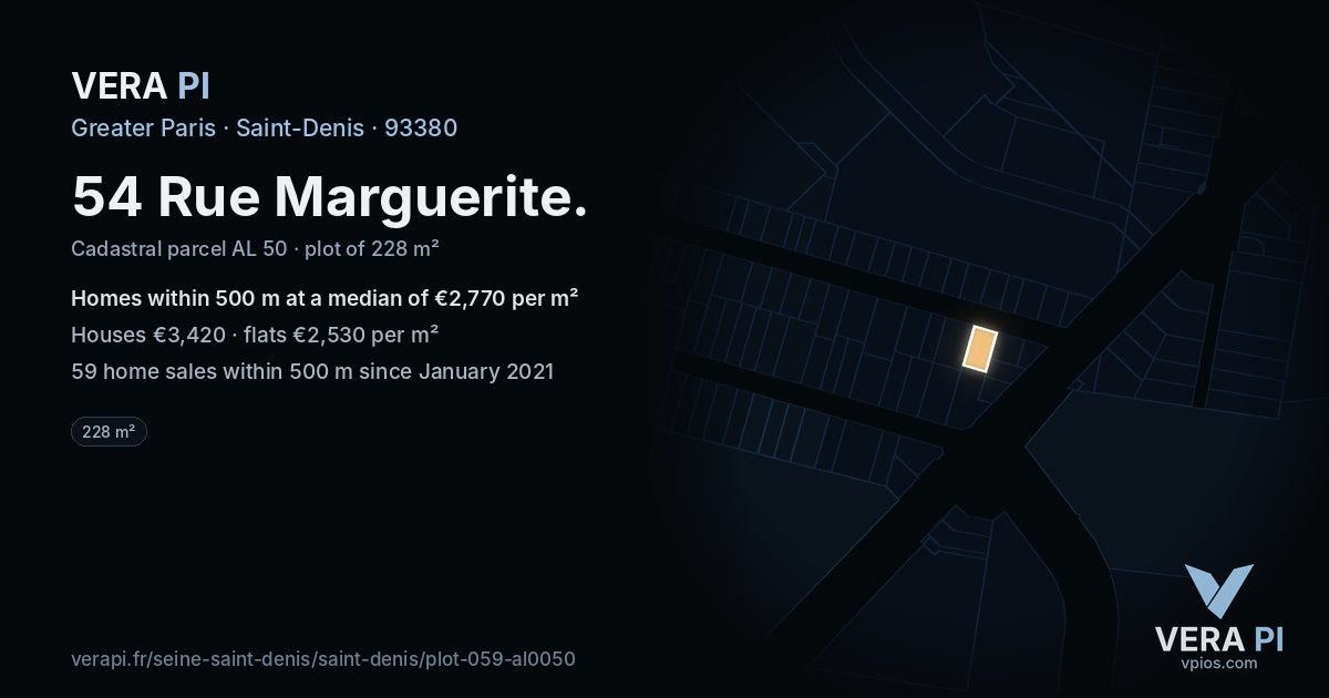 54 Rue Marguerite, Saint-Denis at night – the plot lit, the parcels around coloured by the prices near them
