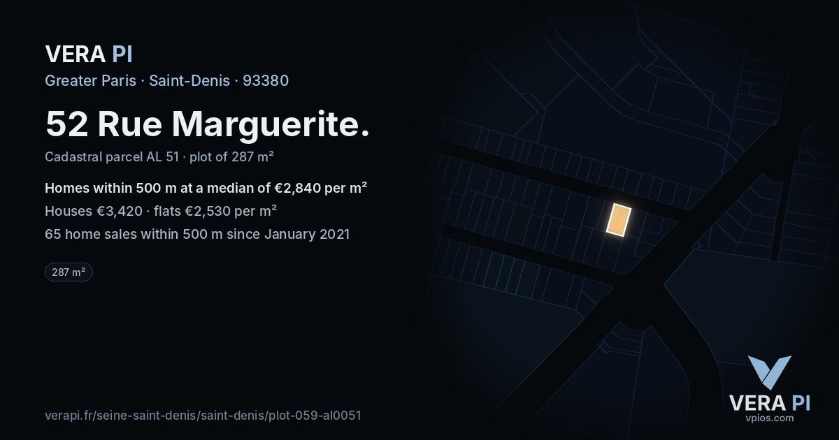 52 Rue Marguerite, Saint-Denis at night – the plot lit, the parcels around coloured by the prices near them