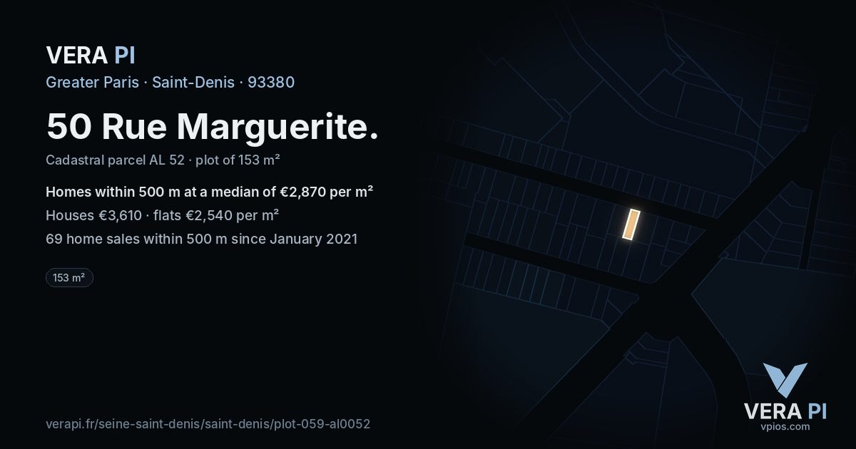 50 Rue Marguerite, Saint-Denis at night – the plot lit, the parcels around coloured by the prices near them
