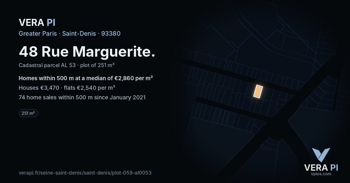 48 Rue Marguerite, Saint-Denis at night – the plot lit, the parcels around coloured by the prices near them