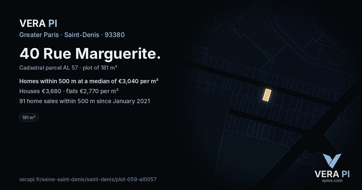 40 Rue Marguerite, Saint-Denis at night – the plot lit, the parcels around coloured by the prices near them