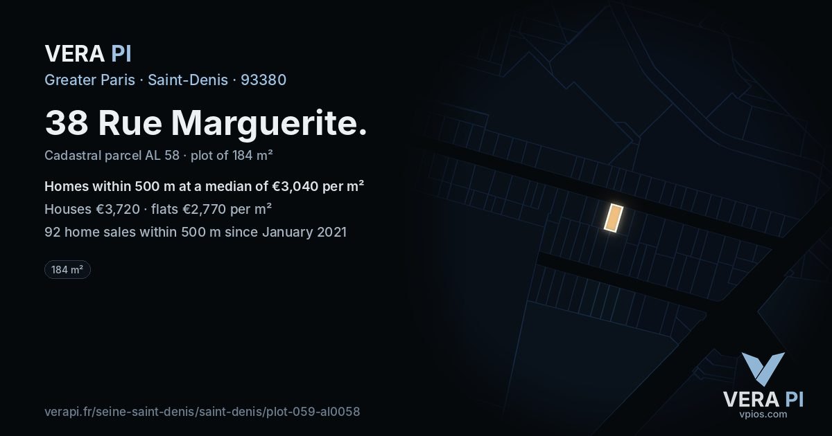 38 Rue Marguerite, Saint-Denis at night – the plot lit, the parcels around coloured by the prices near them