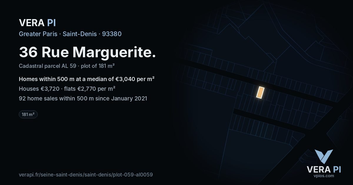 36 Rue Marguerite, Saint-Denis at night – the plot lit, the parcels around coloured by the prices near them