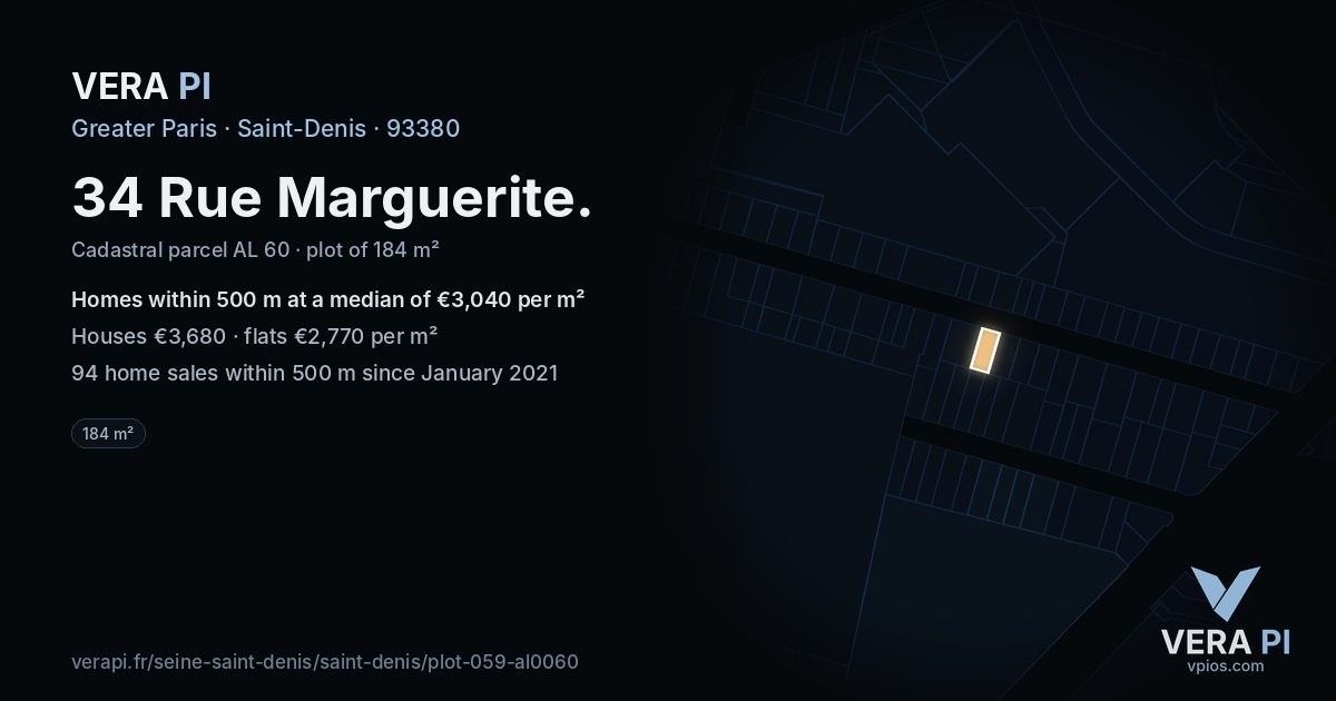 34 Rue Marguerite, Saint-Denis at night – the plot lit, the parcels around coloured by the prices near them