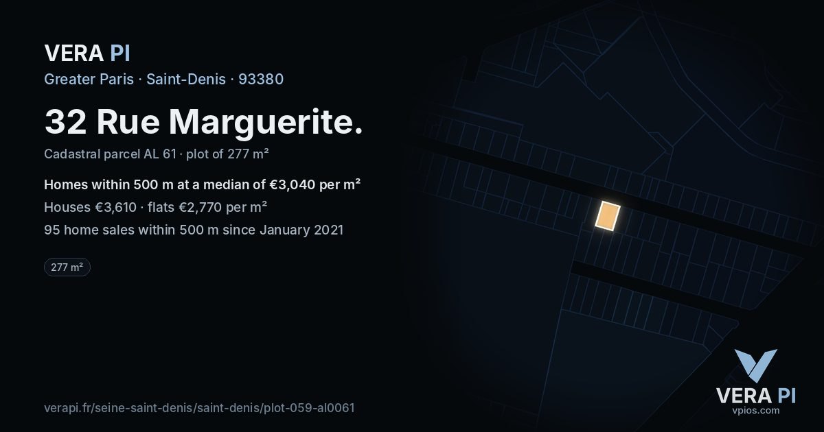 32 Rue Marguerite, Saint-Denis at night – the plot lit, the parcels around coloured by the prices near them