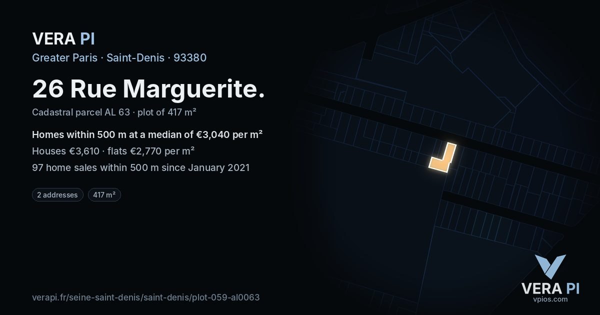 26 Rue Marguerite, Saint-Denis at night – the plot lit, the parcels around coloured by the prices near them