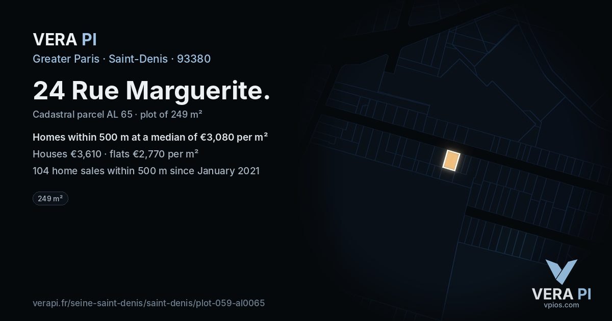 24 Rue Marguerite, Saint-Denis at night – the plot lit, the parcels around coloured by the prices near them