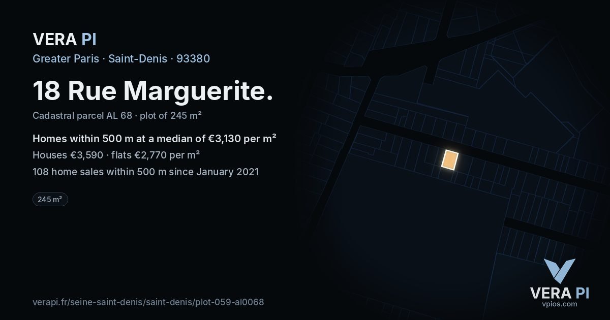 18 Rue Marguerite, Saint-Denis at night – the plot lit, the parcels around coloured by the prices near them