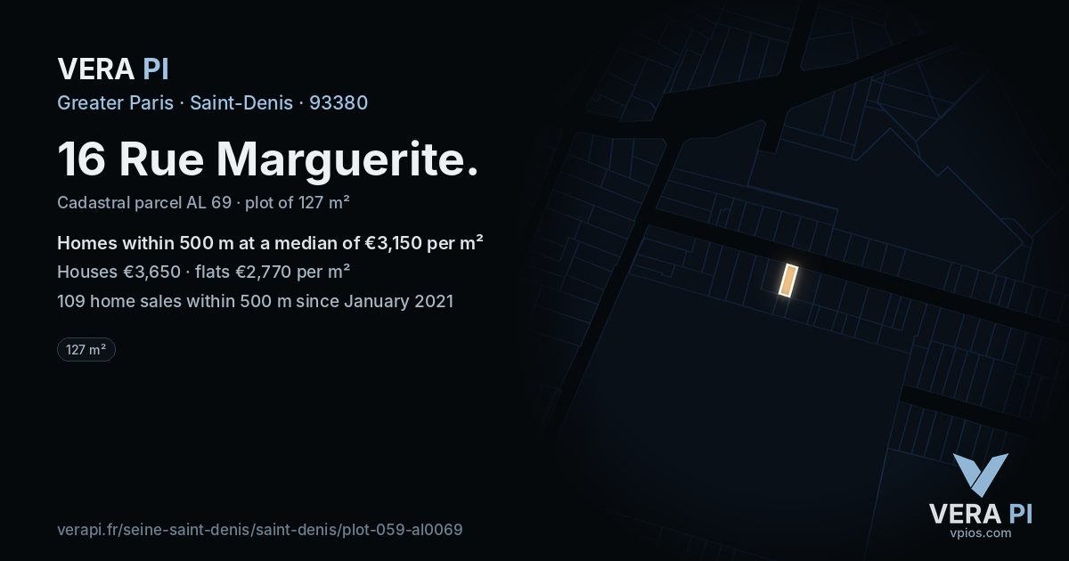 16 Rue Marguerite, Saint-Denis at night – the plot lit, the parcels around coloured by the prices near them
