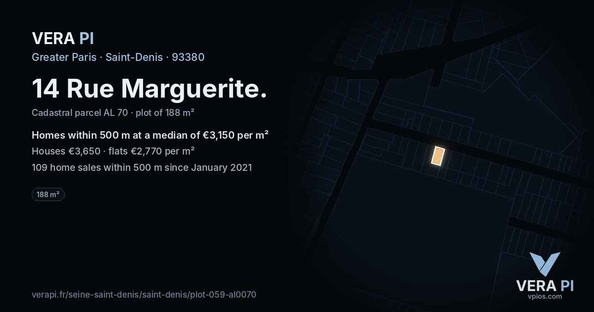 14 Rue Marguerite, Saint-Denis at night – the plot lit, the parcels around coloured by the prices near them