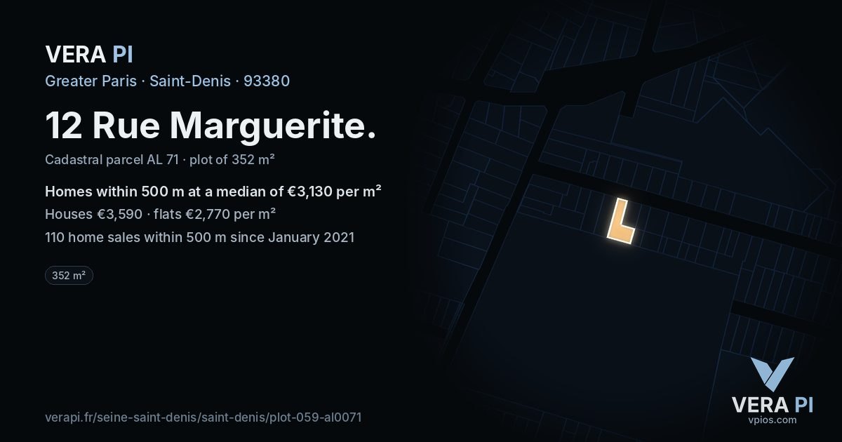 12 Rue Marguerite, Saint-Denis at night – the plot lit, the parcels around coloured by the prices near them