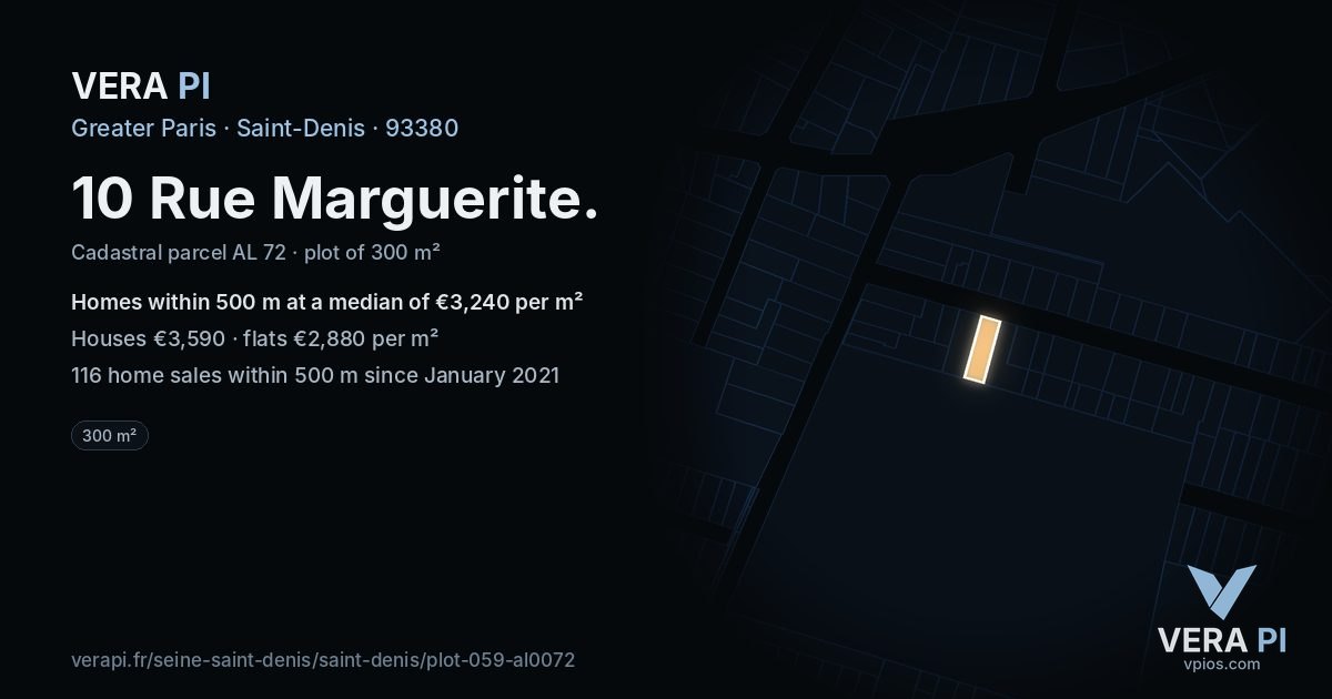 10 Rue Marguerite, Saint-Denis at night – the plot lit, the parcels around coloured by the prices near them