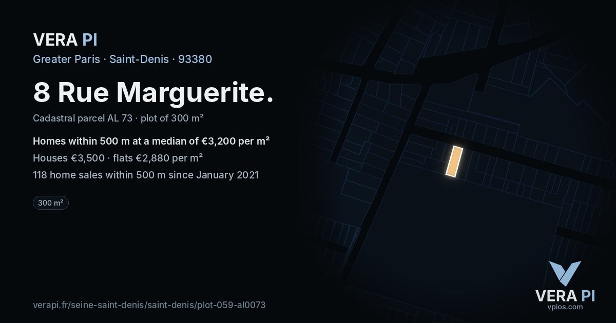 8 Rue Marguerite, Saint-Denis at night – the plot lit, the parcels around coloured by the prices near them