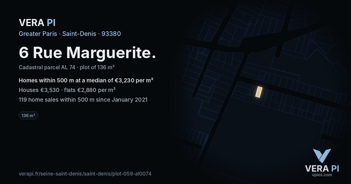 6 Rue Marguerite, Saint-Denis at night – the plot lit, the parcels around coloured by the prices near them