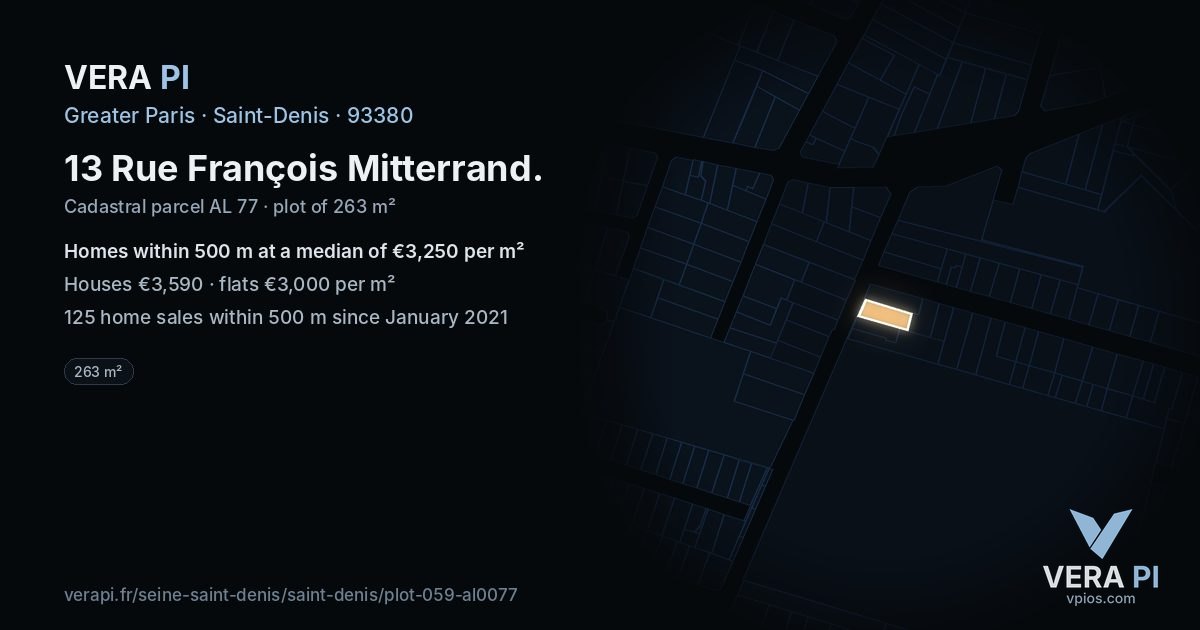 13 Rue François Mitterrand, Saint-Denis at night – the plot lit, the parcels around coloured by the prices near them